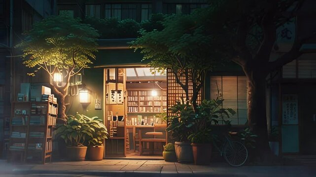 Aesthetic Japanese-style bookstore with warm review and resolution, in a smooth looping background with 4K video animation 