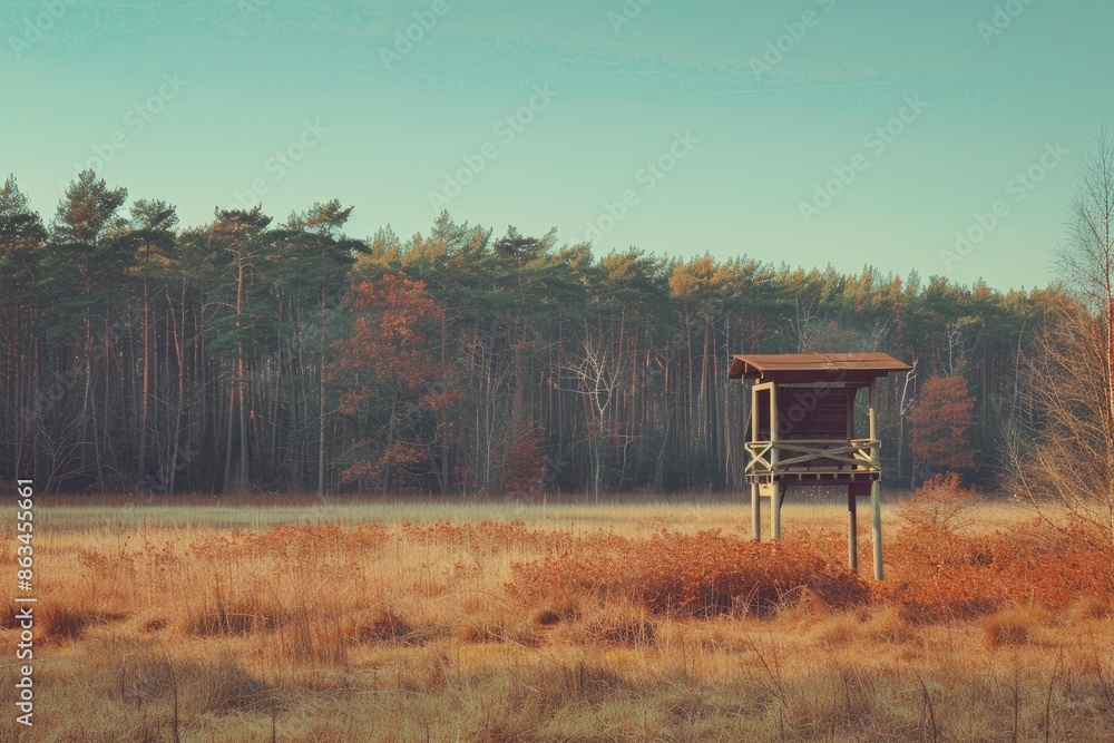 Poster a small wooden structure is in the middle of a field. the structure is a small observation post or l
