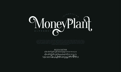 Moneyplant premium luxury elegant alphabet letters and numbers. Vintage wedding typography classic serif font decorative vintage retro. creative vector illustration