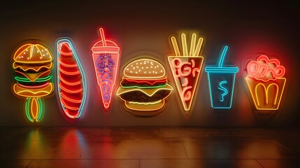 LED-lit neon signs of classic 80s fast food logos., isolated white background, Retro 80s synthwave, Photo stock style, clean background, no copyrighted logo, no letters
