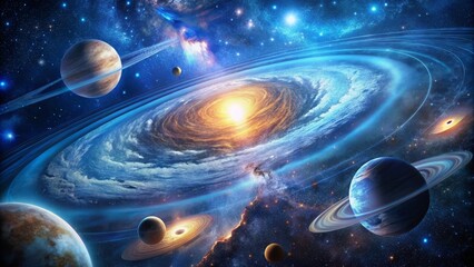 Celestial landscape featuring a swirling blue star amidst planetary bodies and star clusters, set against a deep space backdrop, evoking a sense of sci-fi wonder.
