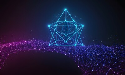 Blockchain network art. Block chain network connections from lines triangles and particle style design