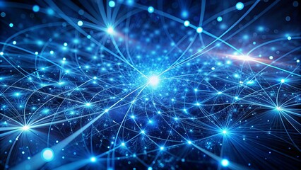 Fototapeta premium Dark blue high-definition background features intricate network of glowing blue lines and dots, interconnected, swirling, and radiating, creating mesmerizing futuristic and cosmic digital art.