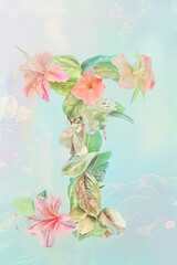 Floral uppercase T, adorned with blossoms and leaves, pastel gradient, intricate details.