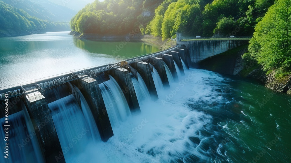 Aufkleber a hydroelectric dam generates power as water flows through the structure, surrounded by lush greener