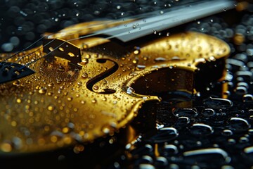 golden violin rests elegantly on a black marble table covered in a layer of shimmering water, creating a unique and captivating scene.