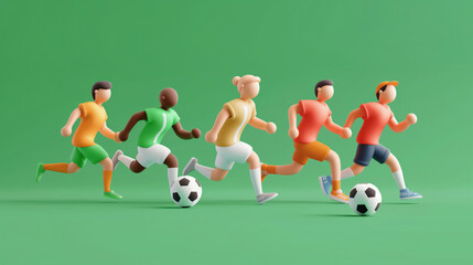 Fototapeta premium 3D illustration cartoon soccer players are running across a green field. Each player is wearing a different colored jersey.