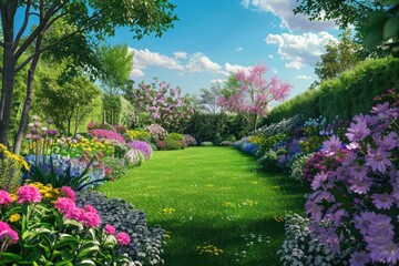 beautiful spring garden with colorful flowers and lush lawn grass idyllic landscape 3d illustration