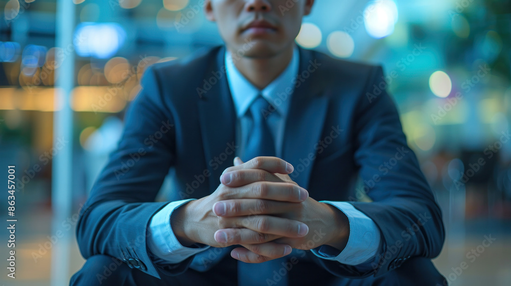 Poster a man in a suit is sitting on the floor with his hands clasped. he is in a state of deep thought or 