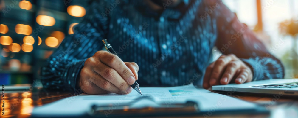 Poster a man is writing on a piece of paper with a pen. he is sitting at a desk with a laptop and a clipboa