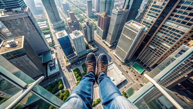 Feet dangling on the edge of a skyscraper, highlighting fear of heights and vertigo, Fear, heights, vertigo, tall building, urban, city