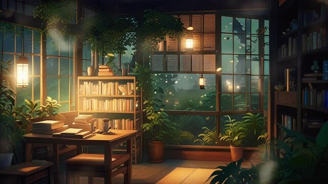 Aesthetic Japanese-style bookstore with warm review and resolution, in a smooth looping background with 4K video animation 