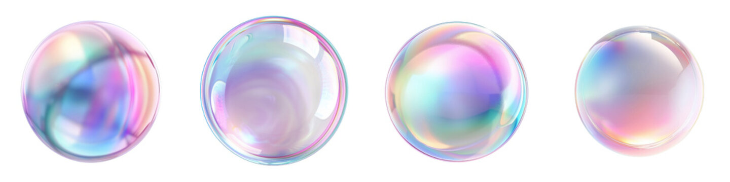 Set of 3d circle shape iridescent holographic bubble with gradient color pastel elements design, isolated on white background, png