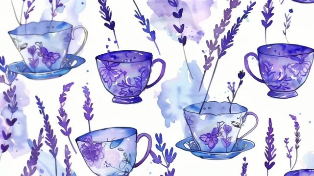 Whimsical watercolor pattern featuring lavender sprigs and teacups. Shades of purple dominate, with delicate stems in green. Teacups adorned with floral motifs. 