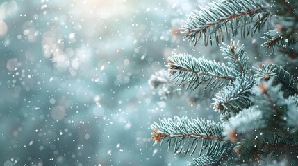 A beautiful background of snow with blurred pine branches and falling snowflakes. The scene is set in an outdoor winter wonderland, for festive season decorations magical.