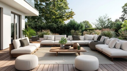 Spacious house terrace with modern garden furniture area