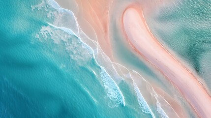 Fototapeta premium 1. Aerial view of Whitehaven Beach in the Whitsunday Islands, Australia, showcasing its pristine white silica sands merging with the turquoise waters of Hill Inlet, creating a stunning contrast of