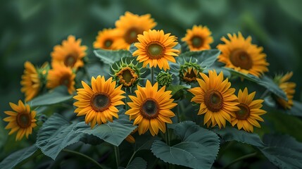A cluster of vibrant sunflowers, with the golden petals standing out against the darker green of the leaves.
