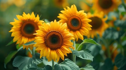 Fototapeta premium A cluster of vibrant sunflowers, with the golden petals standing out against the darker green of the leaves.