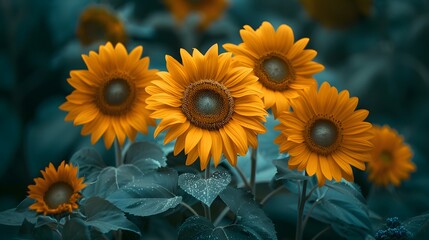 A cluster of vibrant sunflowers, with the golden petals standing out against the darker green of the leaves.