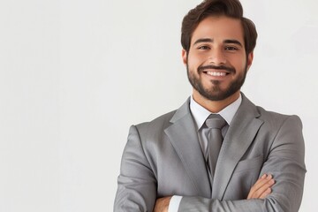 Young man in business suit, smiling, arms crossed, in office background.