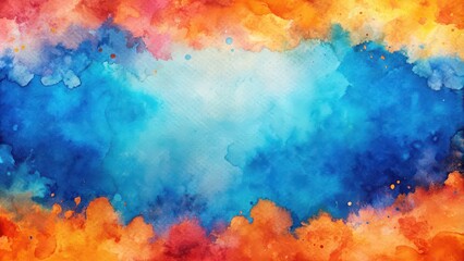 Whimsical watercolor design featuring vibrant blue hues with playful orange and pink edges and a distressed grunge texture, watercolor