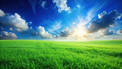 Obraz premium Vibrant green grass meadow under blue sky, outdoor, , nature, landscape, sunny, fresh, scenic, field, meadow, countryside