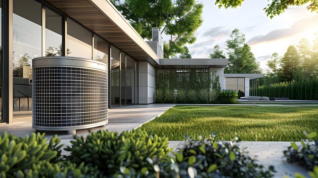 An outdoor air conditioner unit in the backyard garden area of a modern house with green grass and trees. advanced technological features a well-maintained home exterior.