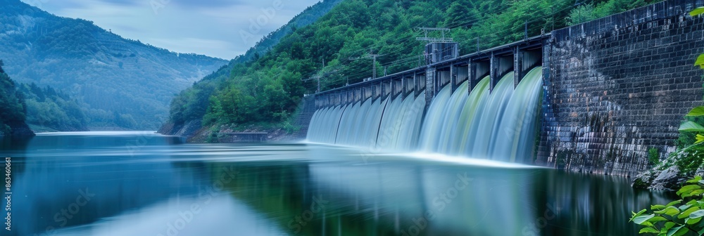 Aufkleber a serene image of a hydroelectric dam generating power in a lush green landscape. water flows over t