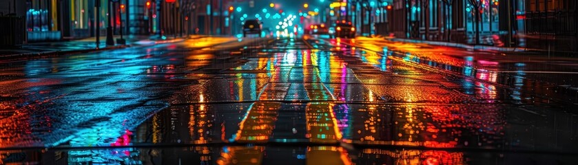 A city street with a lot of traffic and rain. The street is wet and the lights from the cars are reflecting on the water