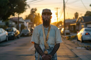 Fototapeta premium An rapper wearing gold chains standing on a street at sunset