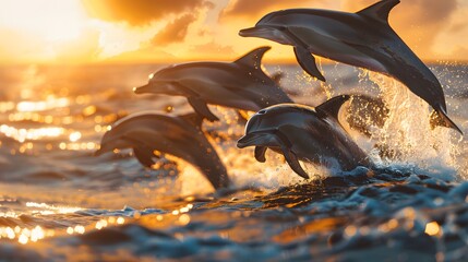 A pod of dolphins leaping joyfully above the sea surface at sunset, with the golden light casting a warm glow over their sleek bodies.