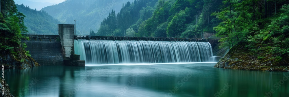 Aufkleber a hydroelectric dam generates power in a tranquil forested setting. the cascading water flows over t