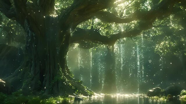 In the mystical land of elves the trees were adorned with sparkling water droplets each one said to hold a different magical property.
