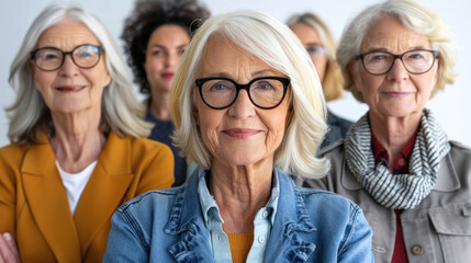 Fototapeta premium A group of women are posing for a photo, with one of them wearing glasses. Scene is cheerful and positive, as the women are smiling and looking at the camera