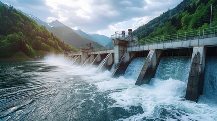 A hydroelectric dam generates power in a tranquil mountain setting, showcasing the potential of renewable energy sources. Generative AI