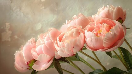 An arrangement of delicate pink peonies, their soft petals more prominent than the subtle green stems and leaves cradling them.