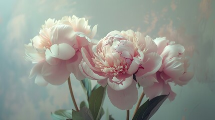 An arrangement of delicate pink peonies, their soft petals more prominent than the subtle green stems and leaves cradling them.