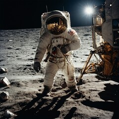 Neil Armstrong stepping down from the lunar module.

