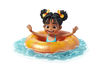 Happy child with pigtails enjoying a swim in a pool, floating in an orange swim ring. Perfect summer vibes and fun water activities.