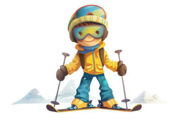 A cute cartoon child dressed in winter clothing, skiing on snowy slopes, enjoying a fun outdoor adventure.