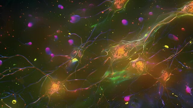 Fluorescent staining highlights the presence of multiple interneurons responsible for signal processing and integration within the brain.