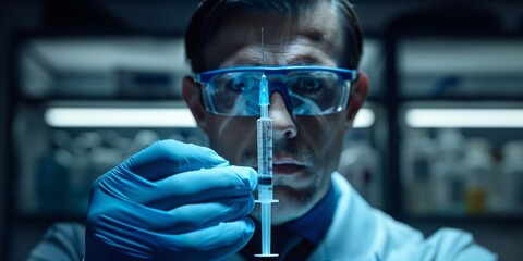 veterinarian in a lab coat carefully holds a syringe, ready to administer medication to a farm animal in need of care.
