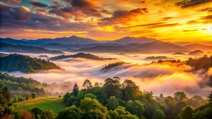 Soft golden light illuminates misty mountains hills with lush green trees silhouetted against vibrant pink orange sunrise sky with few fluffy white clouds.