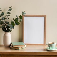 Empty wooden picture frame mockup hanging wall background. Boho vase, Flowers. Coffee cup, old books