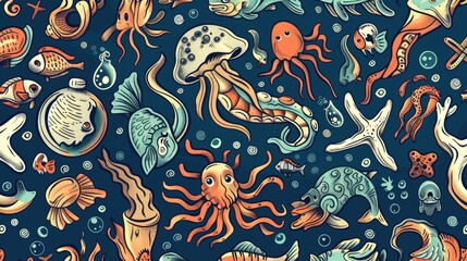 Naklejka premium Sea themed hand drawn seamless pattern with various aquatic elements