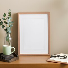 Empty wooden picture frame mockup hanging wall background. Boho vase, Flowers. Coffee cup, old books