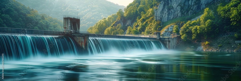 Poster a hydroelectric dam generates power as water flows over it, creating a serene scene in a lush mounta