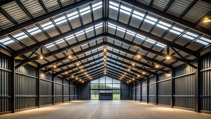 INTERIOR PERSPECTIVE OF A SHED WITH BLACK METALLIC ROOF BLACK LOW LIGHTING