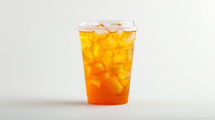 Clear plastic cup filled with Iced Passion Fruit Tea and a lid, isolated white background, studio light for focused advertising